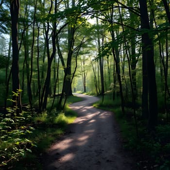 A peaceful trail meanders through a dense forest filled with vibrant green trees, sunlight filtering through the foliage, creating a tranquil atmosphere perfect for a stroll.