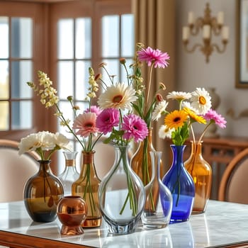 A vibrant display of fresh flowers in multiple vases brightens up a dining table. The arrangement includes daisies, gerberas, and wildflowers set against a cozy background.