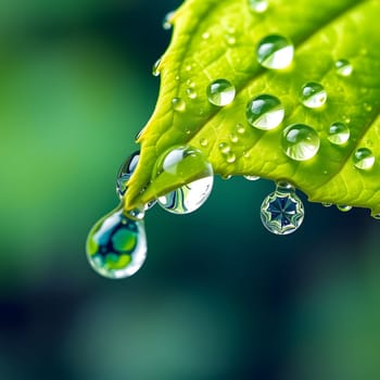 A vibrant green leaf exhibits several water droplets, glistening in the light of dawn. The droplets reflect the delicate textures of nature, showcasing the beauty of the natural world.