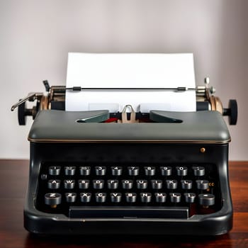 A classic typewriter rests on a wooden table, featuring a blank sheet of paper in place. The setup suggests readiness for creative writing or nostalgic correspondence.