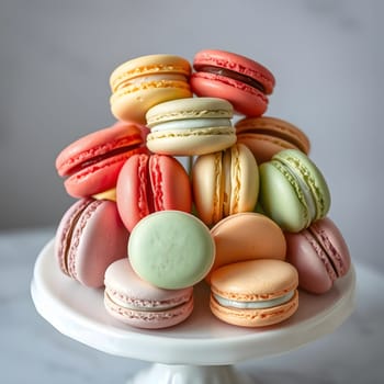 A vibrant display of assorted macarons sits elegantly atop a cake stand. The treats feature a variety of colors and flavors, making a delightful centerpiece for any dessert table.