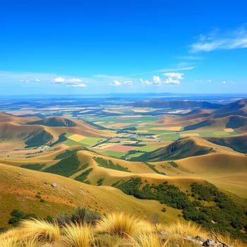 A breathtaking landscape showcasing rolling hills and valleys bathed in sunlight. The lush fields below contrast beautifully with the vibrant blue sky, creating a serene atmosphere.
