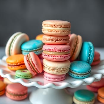 A vibrant assortment of macarons is beautifully arranged on a white plate. The delicate treats feature various pastel colors, showcasing their intricate designs in a warm kitchen environment.