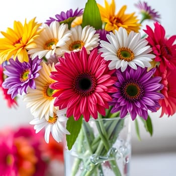A cheerful arrangement of vibrant flowers, including pink, purple, yellow, and white, is displayed in a clear glass vase, brightening up the indoor space with natural beauty.