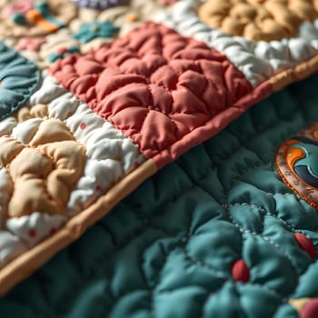 Close-up view of a beautifully crafted quilt featuring a variety of textures and patterns in warm colors, highlighting the artistry and craftsmanship involved in quilting.