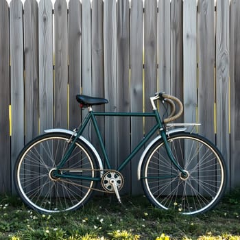 A classic vintage bicycle stands against a weathered wooden fence. The bike features a comfortable seat, handlebars wrapped in leather, and is set in a grassy area under bright sunlight.