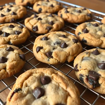 Soft, golden chocolate chip cookies rest on a wire rack after baking, showcasing their melted chocolate bits. The kitchen setting adds warmth to this delicious treat.