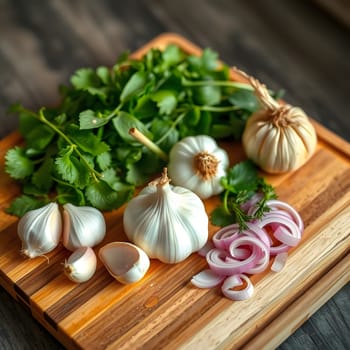 A wooden cutting board displays fresh garlic bulbs, sliced onions, and cilantro. The scene captures an inviting atmosphere for cooking and meal preparation.