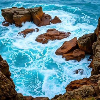 Waves crash against rocky formations along the coastline, creating a spectacular display of frothy white surf against the striking blue water in bright daylight.
