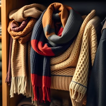 A beautifully arranged selection of colorful scarves hangs neatly in a boutique, showcasing warm textures and inviting patterns perfect for the chilly autumn days ahead.