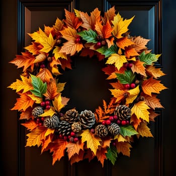 A vibrant autumn wreath adorned with a variety of colorful leaves and pinecones hangs gracefully on a black front door, adding seasonal charm to the entrance.