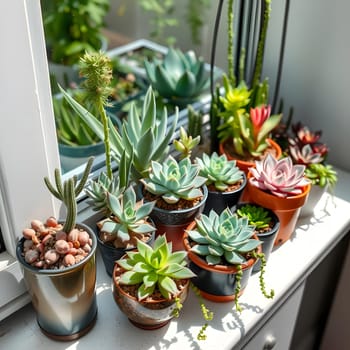 A variety of succulents, including cacti and fleshy plants, grow in colorful pots on a sunny windowsill. The vibrant greenery enhances the indoor space, drawing natural light inside.