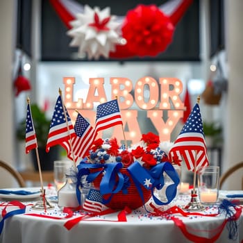 A festive table is set up for a Labor Day celebration, featuring small American flags, red, white, and blue decorations, and floral arrangements, creating a patriotic atmosphere.