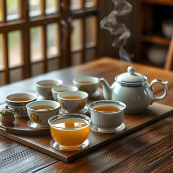 A serene tea service features a teapot accompanied by steaming cups of brewed tea on a wooden table. The warm atmosphere reflects tranquility and a love for tea culture.