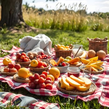 A colorful assortment of fresh fruits is arranged on a checkered blanket in a meadow. Baskets filled with berries, melons, and citrus are surrounded by lush greenery and sunlight.