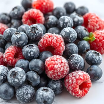 A vibrant assortment of frozen blueberries and raspberries is artistically arranged on a marble countertop, showcasing their rich colors and frost-covered surfaces, perfect for desserts.