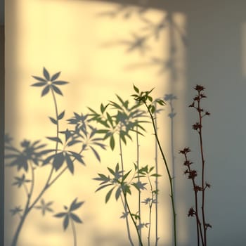 Delicate shadows of various plants cast intricate shapes on a softly lit wall, highlighting their beauty as evening light filters through the leaves.