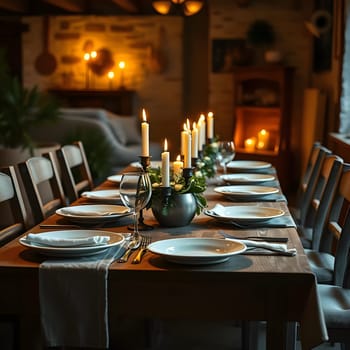 A beautifully arranged dining table features elegant tableware and candles, creating a warm atmosphere. The soft glow enhances the inviting ambiance for an intimate gathering.