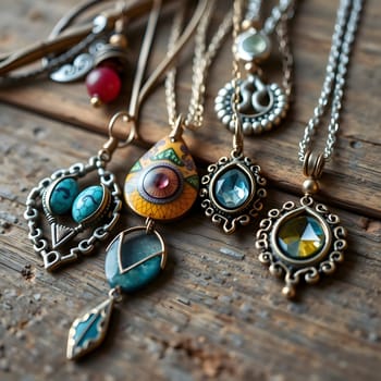 A collection of artisan necklaces with intricate designs rests on a rustic wooden surface, illuminated by soft natural light, showcasing vibrant colors and unique shapes.