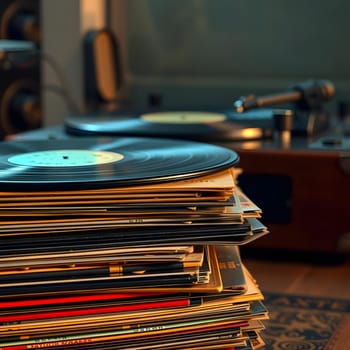 A collection of vinyl records is neatly stacked beside a classic turntable in a warm, inviting room. The focus is on the musical atmosphere and nostalgia of analog sound.