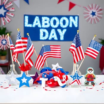 Colorful decorations are set up for Laboon Day, featuring American flags, stars, and festive accessories, creating a joyful atmosphere for the holiday celebration.