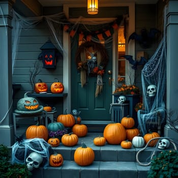 The front porch displays an array of Halloween decorations, featuring carved pumpkins, cobwebs, and spooky skulls. A festive atmosphere fills the space with autumn colors and a ghostly vibe.