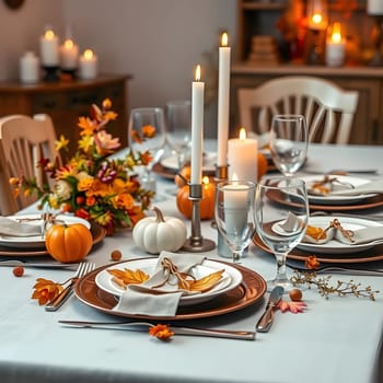 A beautifully arranged dinner table showcases seasonal decor for autumn, featuring elegant place settings, small pumpkins, and candles, creating a warm and inviting atmosphere.