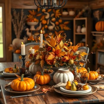 A beautifully arranged autumn dinner table showcases vibrant pumpkins, seasonal leaves, and candles, creating a warm, inviting atmosphere perfect for fall gatherings and celebrations.