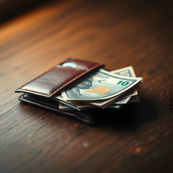 A leather wallet sits open on a wooden table, revealing cash and coins inside. Soft, warm light highlights the textures of the wallet and the currency, creating a cozy atmosphere.