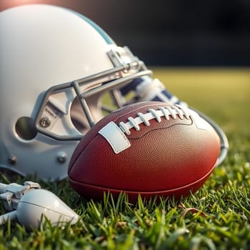 A football helmet and an official game ball are positioned on lush green grass, illuminated by bright sunlight. The scene captures the spirit of outdoor sports activities.