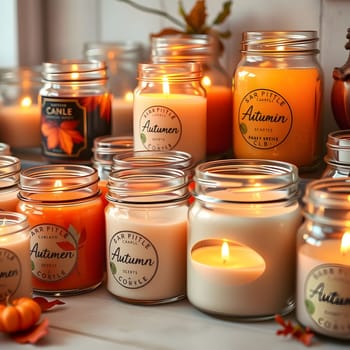 A collection of warm and inviting candles in jars, glowing softly on a wooden table. Surrounding autumn decorations enhance the cozy atmosphere for the fall season.