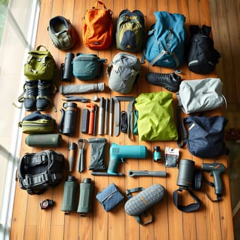 An array of backpacks, cooking supplies, and personal items are neatly organized on a wooden floor, showcasing preparations for an upcoming camping adventure.