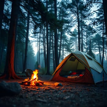A cozy tent rests in a serene forest, surrounded by towering pine trees. Flickering flames from a campfire create a warm glow, inviting relaxation and reflection in nature's embrace.