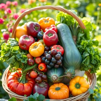 A vibrant assortment of freshly picked vegetables fills a wicker basket, showcasing colorful peppers, zucchini, tomatoes, and squash amidst a lush garden backdrop.