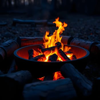 A warm campfire illuminates the dark forest, surrounded by logs and creating a cozy atmosphere. The flickering flames dance against the dusk sky, inviting relaxation and reflection.