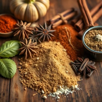A vibrant mix of spices like cinnamon and paprika on a rustic table, paired with a decorative pumpkin and fresh herbs, evokes a warm autumn ambiance.