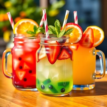 Three colorful beverages are presented in glass mugs, featuring strawberries, lemons, and refreshing mint. The drinks are bright and cheerful, perfect for a warm summer day.