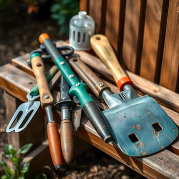 Various gardening tools including a spade, fork, and trowel are arranged on a wooden bench. The warm sunlight enhances the wooden handles, inviting a day of garden work.