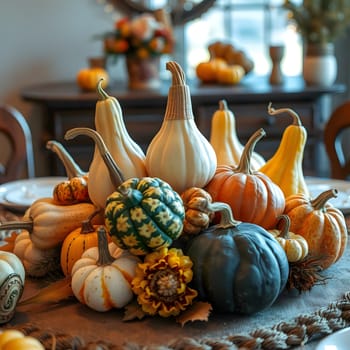 A variety of decorative gourds and pumpkins are artistically arranged on a rustic dining table, capturing the essence of autumn. Warm, inviting colors enhance the seasonal atmosphere.