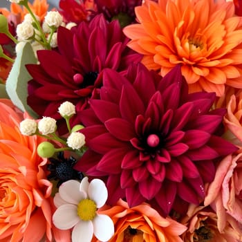 A stunning collection of red and orange flowers fills a vase, showcasing dahlias, zinnias, and small white blooms amidst lush green leaves, creating a warm, inviting atmosphere.