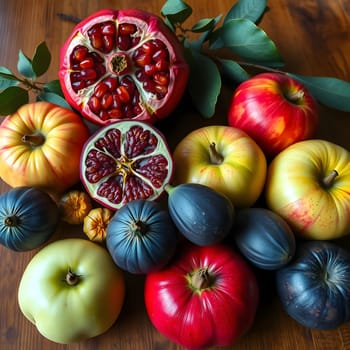 A vibrant display of fresh fruits, including apples and pomegranates, is artfully arranged on a wooden table adorned with green leaves, creating a warm and inviting kitchen atmosphere.