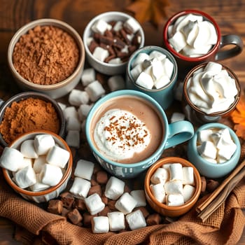 A cozy setting features a steaming cup of cocoa topped with whipped cream and spices, surrounded by various toppings like marshmallows and chocolate pieces on a rustic wooden table.