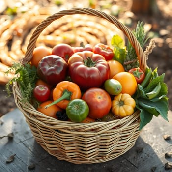 A wicker basket overflows with a colorful variety of fresh vegetables, including tomatoes, peppers, and herbs, showcasing the bounty of a vibrant garden during a warm afternoon.
