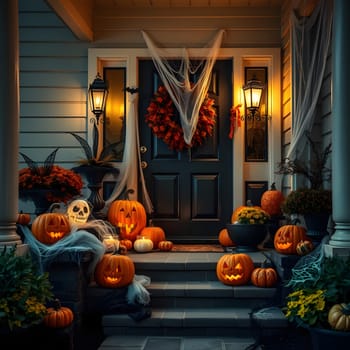 A cozy front porch is adorned with glowing jack-o'-lanterns, colorful pumpkins, and spider webs, creating a festive atmosphere as evening falls