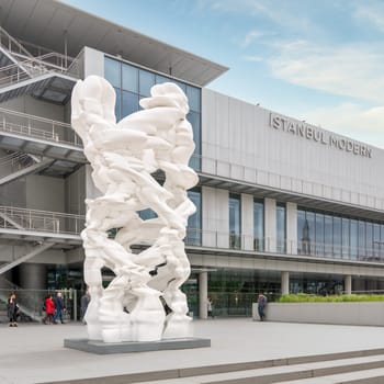 Istanbul, Turkey - May 5 2023: British sculptor Tony Cragg's boundless sculpture, in front of Istanbul Museum of Modern Art, suited inside Galataport complex, in Karakoy neighborhood, Beyoglu district