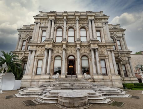 Facade of 1865 Ottoman era Beylerbeyi Palace, located at the Asian shore Bosphorus strait north of Bosphorus Bridge, Istanbul, Turkey