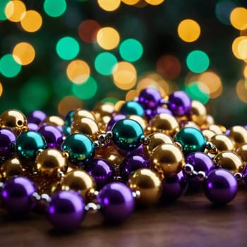Colorful beads in purple, green, and gold create a festive atmosphere as they lay against a shimmering bokeh backdrop, embodying the joyful spirit of Mardi Gras festivities in New Orleans.