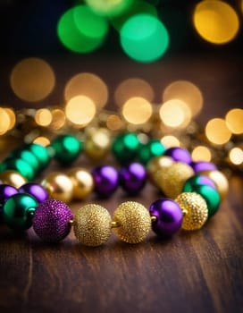 Colorful beads in purple, green, and gold create a festive atmosphere as they lay against a shimmering bokeh backdrop, embodying the joyful spirit of Mardi Gras festivities in New Orleans.