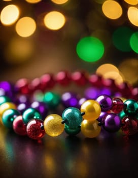 Colorful beads in purple, green, and gold create a festive atmosphere as they lay against a shimmering bokeh backdrop, embodying the joyful spirit of Mardi Gras festivities in New Orleans.