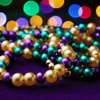 Colorful beads in purple, green, and gold create a festive atmosphere as they lay against a shimmering bokeh backdrop, embodying the joyful spirit of Mardi Gras festivities in New Orleans.